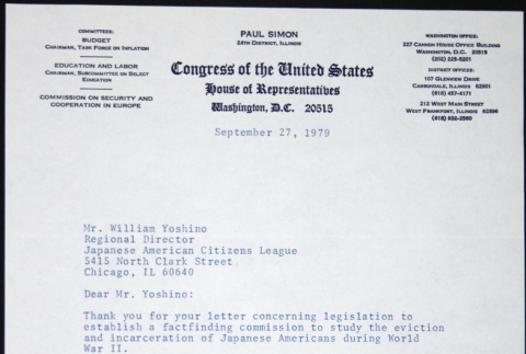 Letter to William Yoshino from Paul Simon (ddr-chijacl-1-422)