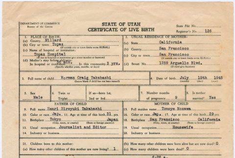 Birth Certificate for Norman Craig Takahashi (ddr-densho-410-19)