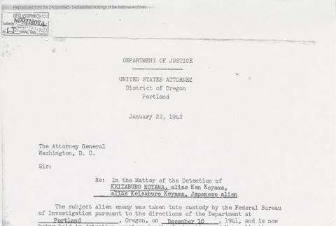 Department of Justice memo from the United States Attorney Director of Oregon Carl C. Donaugh on the Matter of the Detention of Keizaburo Koyama, a Japanese alien (ddr-one-5-117)