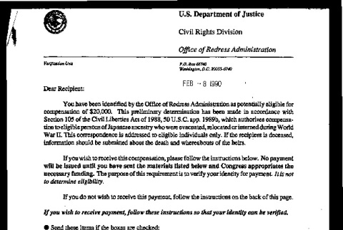 Letter from Robert K. Bratt, Administrator for Redress,  U.S. Department of Justice to Dear Recipient, February 8, 1990 (ddr-csujad-55-91)