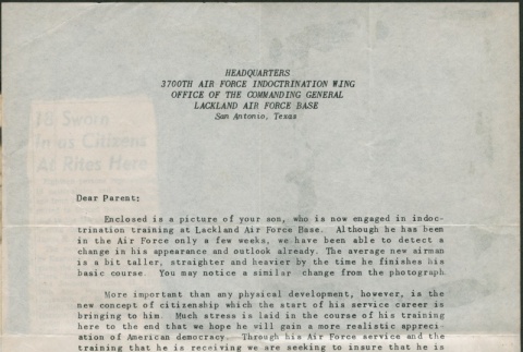 Letter to Mr. & Mrs. Fujii about their son's arrival at Lackland Air Force Base (ddr-densho-321-1073)