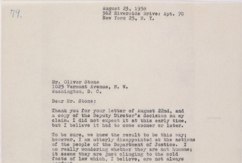 Letter from Lawrence Miwa to Oliver Ellis Stone concerning claim for James Seigo Maw's confiscated property (ddr-densho-437-262)