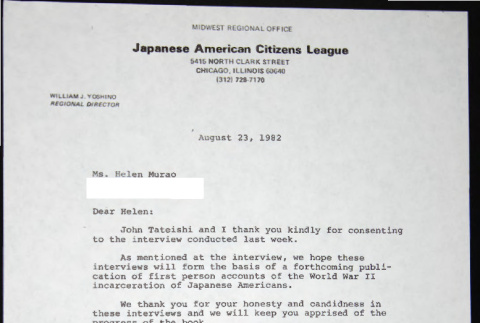 Letter to Helen Murao from William Yoshino (ddr-chijacl-1-779)