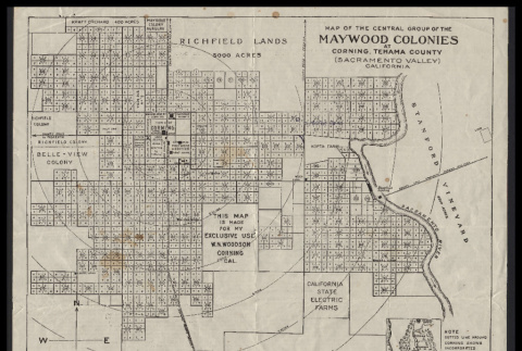 Map of the central group of the Maywood Colonies at Corning, Tehama County; Heart of the Maywoold Colonies Corning, California (ddr-csujad-55-2496)