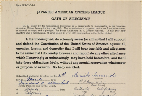 JACL Oath of Allegiance for Fumiko Tsurumoto (ddr-ajah-7-134)
