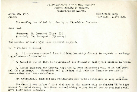Heart Mountain Relocation Project Fourth Community Council, 24th session (April 20, 1945) (ddr-csujad-45-26)