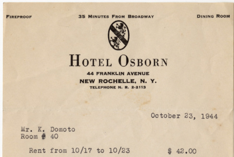 Room receipt at Hotel Osborn (ddr-densho-329-1230)