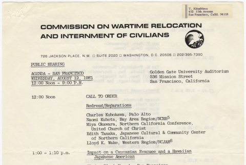 Schedule for the Public Hearing by the Commission on Wartime Relocation and Internment of Civilians (August 12, 1981) (ddr-janm-4-31)