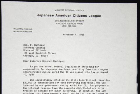 Letter to Neil F. Hartigan from William Yoshino (ddr-chijacl-1-654)