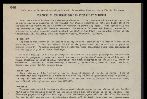 Information series (Lowry Field, Colorado), no. 2-MS (September 1945): purchase of government surplus property by veterans (ddr-csujad-55-2165)