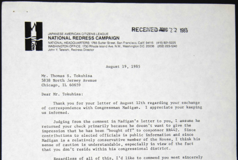 Letter to Thomas Tokuhisa from John Tateishi (ddr-chijacl-1-166)