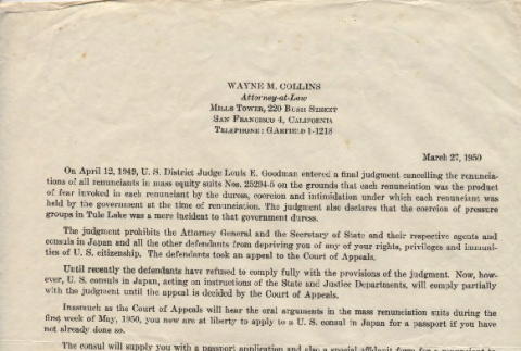 Letter from Wayne M. Collins, Attorney-at-Law, March 27, 1950 (ddr-csujad-55-2259)