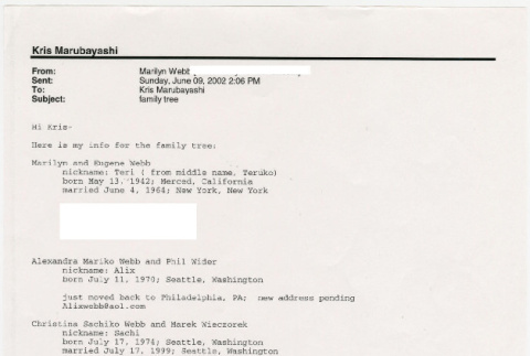Email from Marilyn Webb to Kris Marubayashi with family names and addresses (ddr-densho-329-1109)