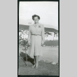 Photograph of Martha Shoaf in front of staff housing at Manzanar (ddr-csujad-47-173)
