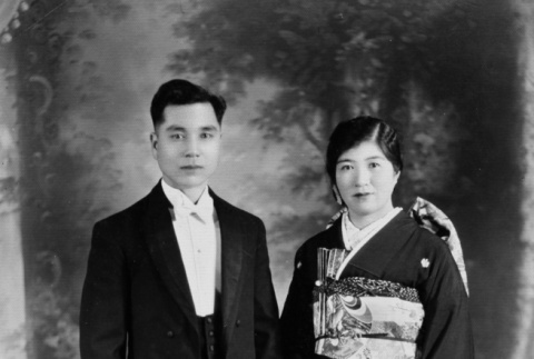 Wedding portrait of couple, man in tuxedo, woman in kimono (ddr-ajah-6-56)