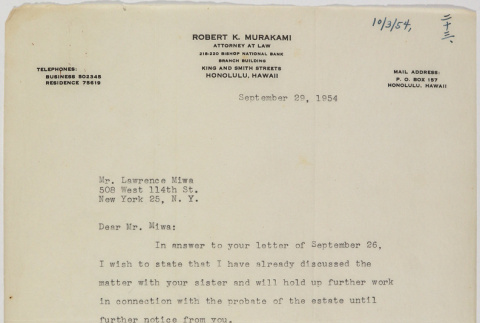 Letter from Robert Murakami to Lawrence Fumio Miwa (ddr-densho-437-42)