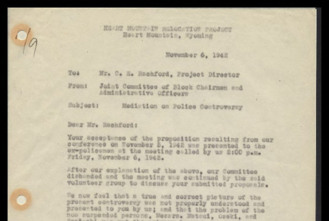 Memo from Joint Committee of Block Chairmen and Administrative Officers to Mr. C.E. Rachford, Project Director, Heart Mountain, November 6, 1942 (ddr-csujad-55-310)