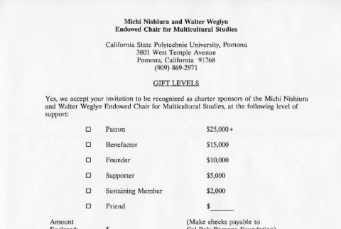 Michi Nishiura and Walter Weglyn Endowed Chair in Multicultural Studies Gift Levels (ddr-csujad-24-24)