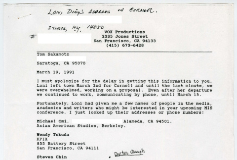 Letter from Nathalie Borgers to Tom Sakamoto (ddr-densho-1007-1095)