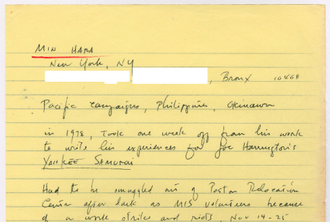 Minoru (Min) Hara notes (ddr-densho-1007-922)