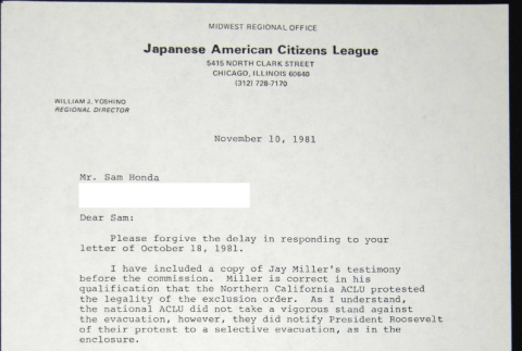 Letter to Sam Honda from William Yoshino (ddr-chijacl-1-524)