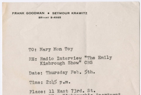 Memo from Public Relations Associates to Mary Mon Toy (ddr-densho-367-211)