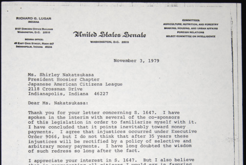Letter to Shirley Nakatasukasa from Richard Lugar (ddr-chijacl-1-390)
