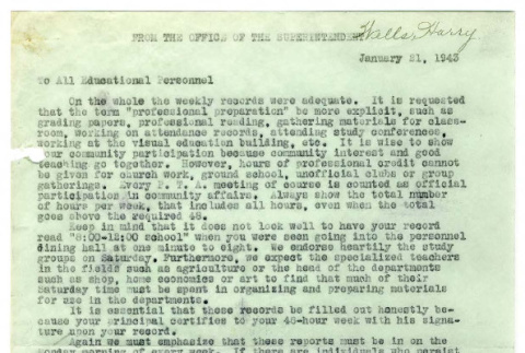 Memorandum from the office of the superintendent to all educational personnel, January 21, 1943 (ddr-csujad-48-98)