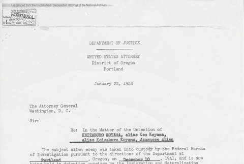 Department of Justice memo from the United States Attorney Director of Oregon Carl C. Donaugh on the Matter of the Detention of Keizaburo Koyama, a Japanese alien (ddr-one-5-116)