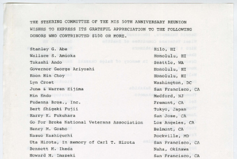 MIS 50th Anniversary Reunion donor list (ddr-densho-1007-1092)