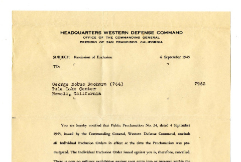 Letter from B.Y. Read, Colonel, AGD, Adjutant General, Office of the Commanding General, Headquarters Western Defense Command, to George Naohara, September 4, 1945 (ddr-csujad-38-568)