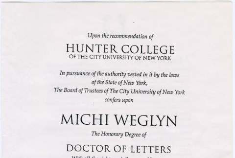 Michi Weglyn's Speech on accepting Honorary degree of Doctor of Letters from Hunter College of the City University of New York (ddr-densho-122-555)