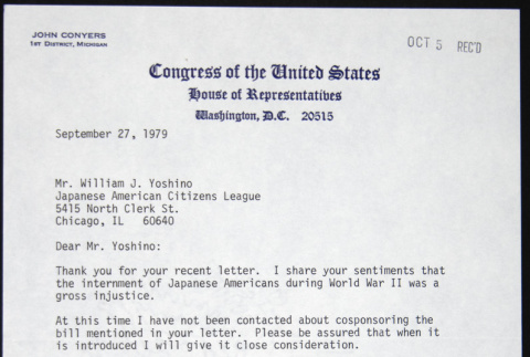 Letter to William Yoshino from John Conyers (ddr-chijacl-1-421)