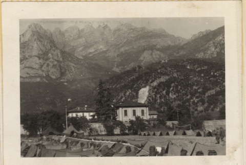 Mountain and town with tents in foreground (ddr-densho-466-403)