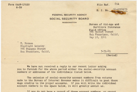 Letter from Social Security Board to T. Nozawa (ddr-densho-423-277)