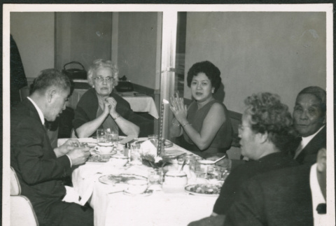Five people at dinner table (ddr-densho-293-194)