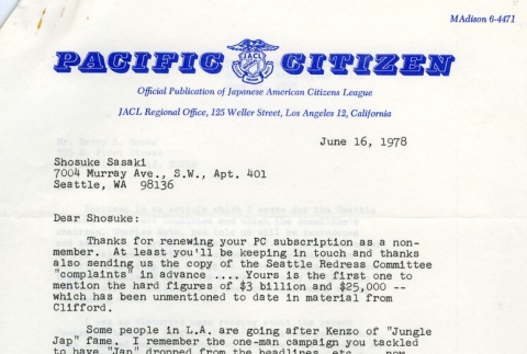 Letter from Shosuke Sasaki from Harry Honda, editor of the <i>Pacific Citizen</i> (ddr-densho-274-82)