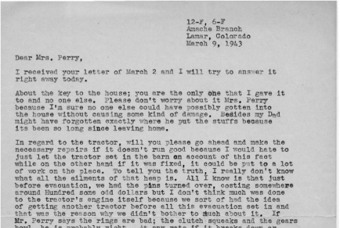 Letter from Kazuo Ito to Lea Perry, March 9, 1943 (ddr-csujad-56-43)
