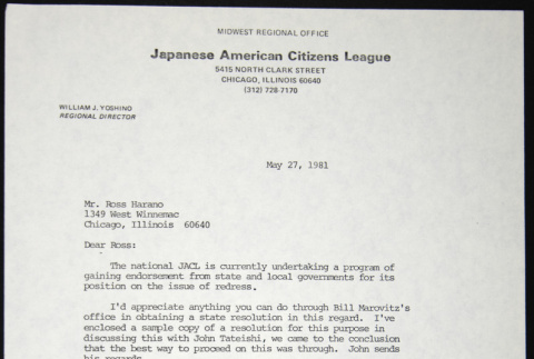 Letter to Ross Harano from Bill Yoshino (ddr-chijacl-1-635)