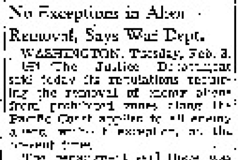 No Exceptions in Alien Removal, Says War Dept. (February 3, 1942) (ddr-densho-56-596)