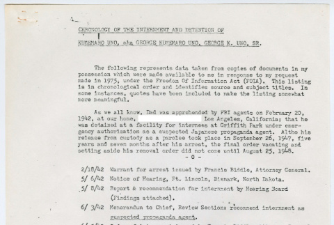 Chronology of the Internment and Detention of George Kumemaro Uno (ddr-densho-1007-1029)