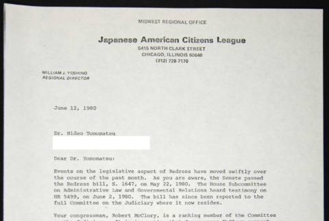 Letter to Hideo Tomamatsu from William Yoshino (ddr-chijacl-1-485)