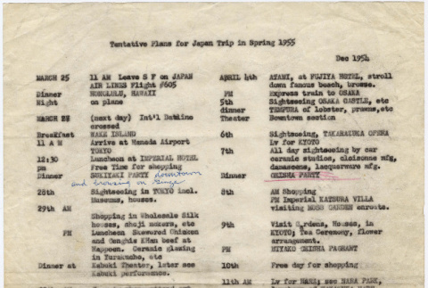 Tentative Schedule for Japan Trip Leaving March 25, 1955 (ddr-densho-424-321)
