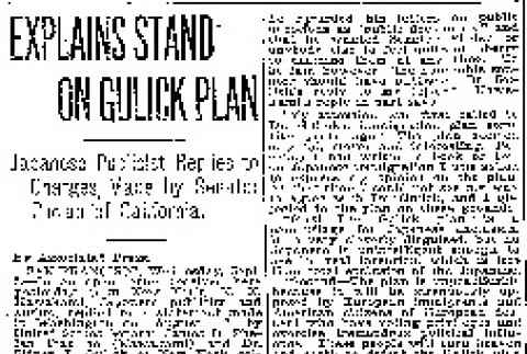 Explains Stand on Gulick Plan. Japanese Publicist Replies to Charges Made by Senator Phelan of California. (September 3, 1919) (ddr-densho-56-335)