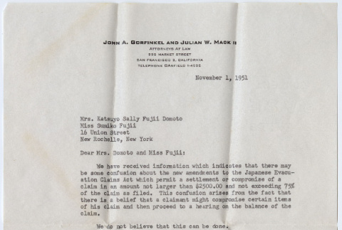 Letter from John Gorfinkel and Julian Mack to Katsuyo Sally Fujii Domoto (ddr-densho-329-1235)