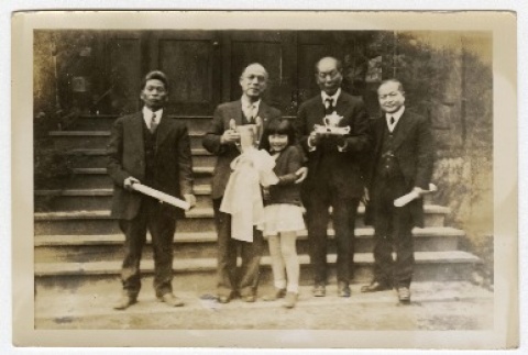 Masuo Yasui outside Hood River Japanese Community Hall with others (ddr-densho-259-623)
