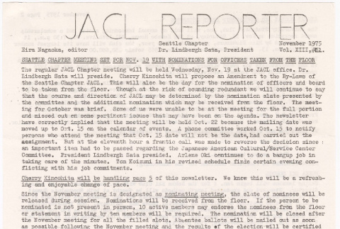 Seattle Chapter, JACL Reporter, Vol. XII, No. 11, November 1975 (ddr-sjacl-1-184)