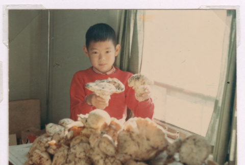 Mark Isoshima with table covered in matsuake mushrooms (ddr-densho-477-498)