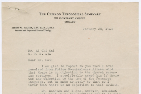 Letter from Albert W. Palmer to Ai Chih Tsai (ddr-densho-446-13)