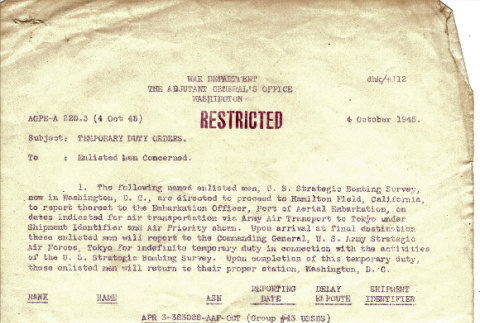 Travel orders for group assignment to the U.S. Strategic Bombing survey in Japan (ddr-densho-563-37)